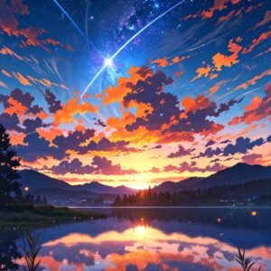 Lac au coucher de soleil étoilé – Pack de 4